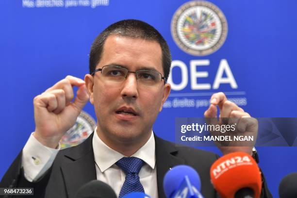 Venezuelan Foreign Minister Jorge Arreaza speaks during a press conference at the Organization of American States on June 6, 2018 in Washington, DC.