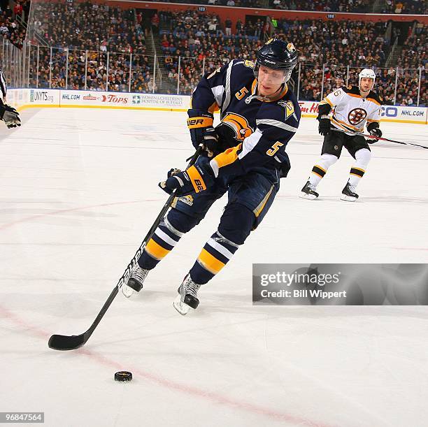 Toni Lydman of the Buffalo Sabres skates against the Boston Bruins on February 9, 2010 at HSBC Arena in Buffalo, New York.