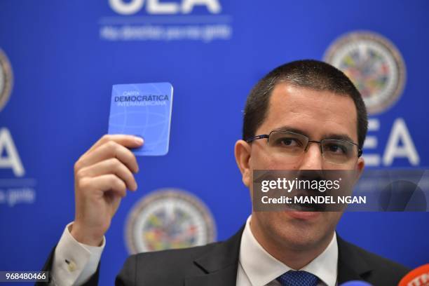 Venezuelan Foreign Minister Jorge Arreaza speaks during a press conference at the Organization of American States on June 6, 2018 in Washington, DC.