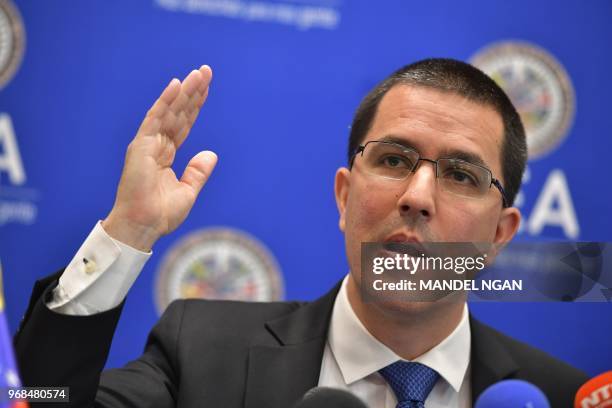 Venezuelan Foreign Minister Jorge Arreaza speaks during a press conference at the Organization of American States on June 6, 2018 in Washington, DC.