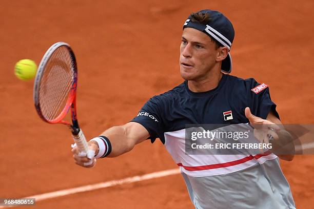 Argentina's Diego Schwartzman returns the ball to Spain's Rafael Nadal during their men's singles quarter-final match on day eleven of The Roland...