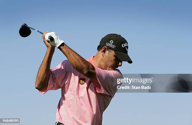 Jeev Milkha Singh of India takes a practice swing at the fifth tee box during the second round of the World Golf Championships-Accenture Match Play...