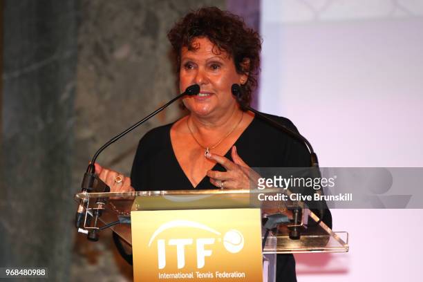 Evonne Goolagong Cawley speaks during the ITF World Champions Dinner following day ten of the 2018 French Open at Pavillon Cambon Capucines on June...