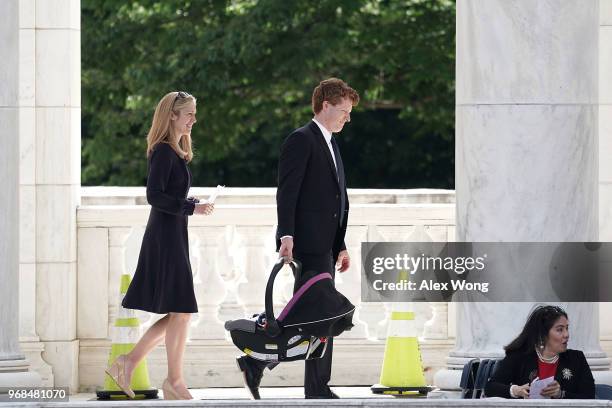 Rep. Joe Kennedy III arrives with his wife Lauren Anne Birchfield at the memorial service of his grandfather Robert Kennedy to mark the 5oth...