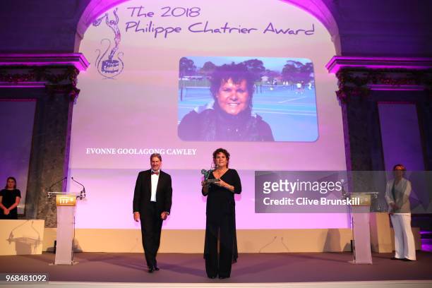 Evonne Goolagong Cawley collects the 2018 Philippe Chatrier award during the ITF World Champions Dinner following day ten of the 2018 French Open at...