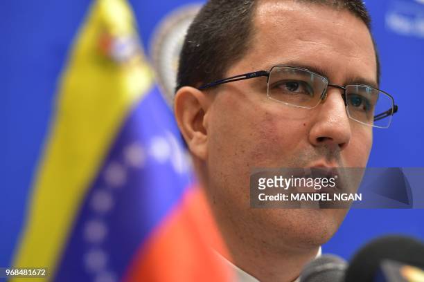 Venezuelan Foreign Minister Jorge Arreaza speaks during a press conference at the Organization of American States on June 6, 2018 in Washington, DC.