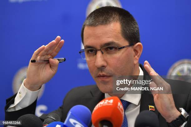 Venezuelan Foreign Minister Jorge Arreaza speaks during a press conference at the Organization of American States on June 6, 2018 in Washington, DC.