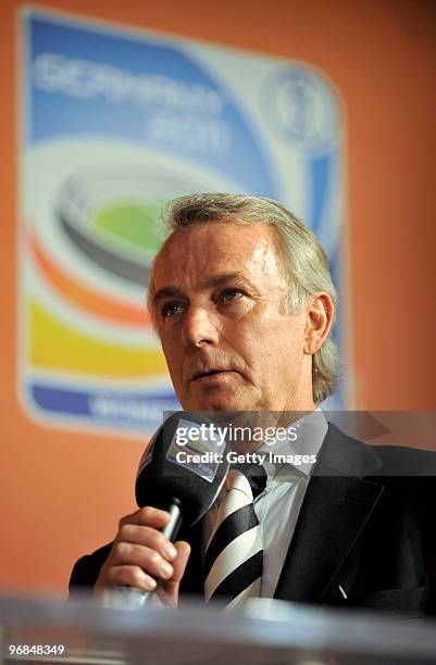 Vice-President of Borussia Moenchengladbach Rainer Bonhof speaks during the FIFA Women's World Cup 2011 Countdown event at the Borussia Park Arena on...