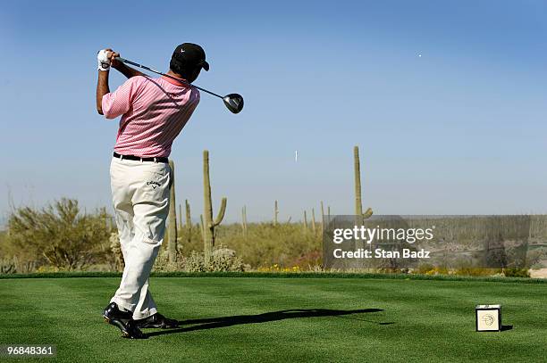 Jeev Milkha Singh of India hits a drive from the fifth tee box during the second round of the World Golf Championships-Accenture Match Play...