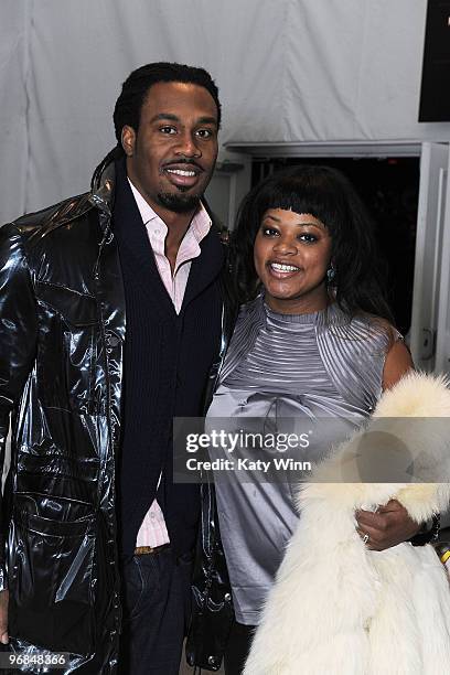 Player Steven Jackson and Priscilla Monteiro attend Mercedes-Benz Fashion Week at Bryant Park on February 16, 2010 in New York City.