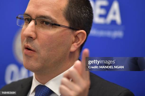 Venezuelan Foreign Minister Jorge Arreaza speaks during a press conference at the Organization of American States on June 6, 2018 in Washington, DC.