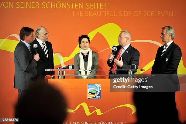 Moderator Jens Grittner, president of Borussia Moenchengladbach Rolf Koenigs, Moderator Dunja Hayali, Mayor of Moenchengladbach Norbert Bude and...