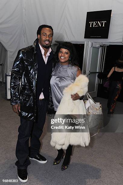 Player Steven Jackson and Priscilla Monteiro attend Mercedes-Benz Fashion Week at Bryant Park on February 16, 2010 in New York City.