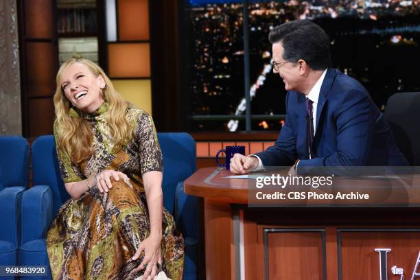 The Late Show with Stephen Colbert and guest Toni Collette during Monday's June 4, 2018 show.