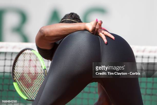 June 3. French Open Tennis Tournament - Day Eight. Serena Williams shows a tactical signal to her partner Venus Williams of the United States during...