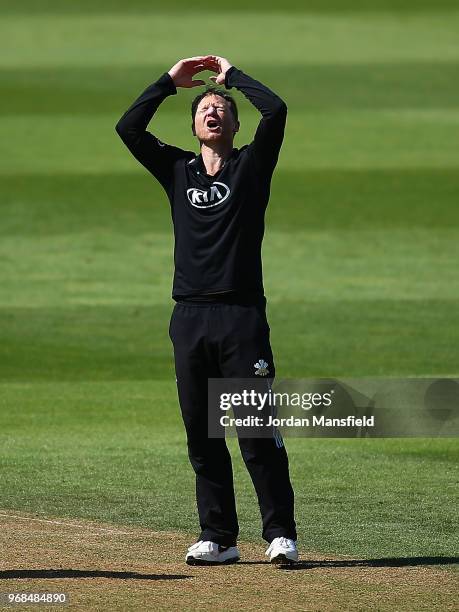 Gareth Batty of Surrey reacts during the Royal London One-Day Cup game between Surrey and Glamorgan at The Kia Oval on June 6, 2018 in London,...