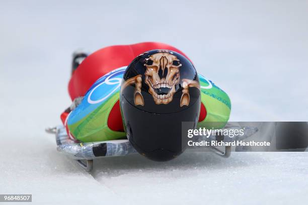 Mellisa Hollingsworth of Canada competes in the women's skeleton on day 7 of the 2010 Vancouver Winter Olympics at The Whistler Sliding Centre on...