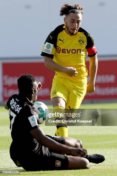 Kevin Bukusu of Leverkusen challenges Alaa Bakir of Dortmund during the B Juniors German Championship Semi Final first leg match match between Bayer...