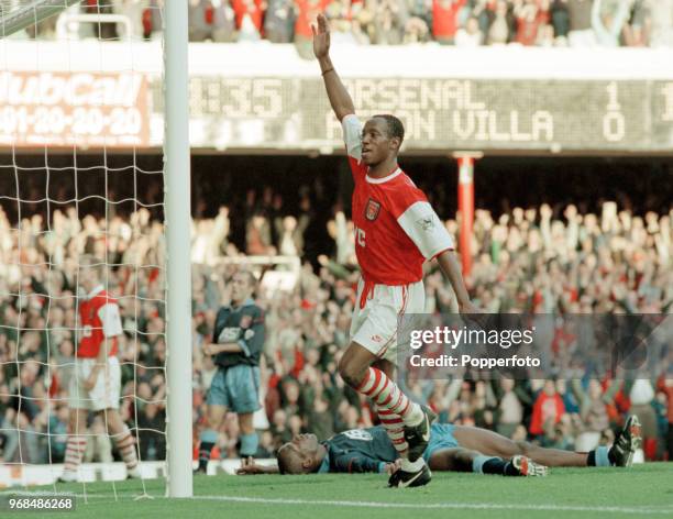 Ian Wright of Arsenal celebrates after scoring during the FA Carling Premiership match between Arsenal and Aston Villa at Highbury on October 21,...