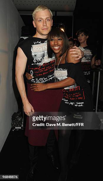 Ben Hudson and Alexandra Burke pose backstage during Naomi Campbell's Fashion For Relief Haiti London 2010 Fashion Show at Somerset House on February...