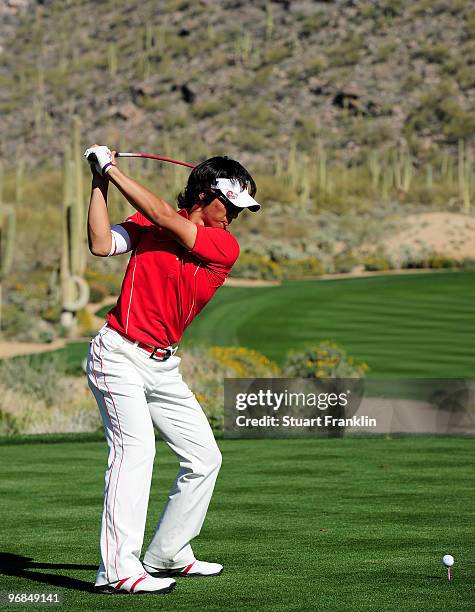 Ryo Ishikawa of Japan plays his tee shot on the 14th hole during round two of the Accenture Match Play Championship at the Ritz-Carlton Golf Club on...