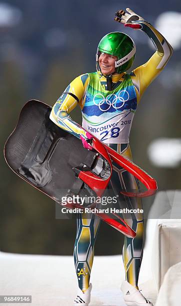Hannah Campbell-Pegg of Australia waves during the Luge Women's Singles on day 5 of the 2010 Winter Olympics at Whistler Sliding Centre on February...