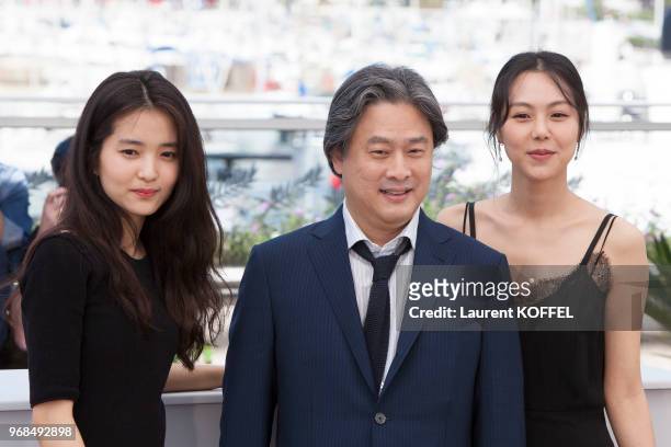 Actress Kim Tae-Ri, director Park Chan-Wook and actress Kim Min-Hee attend 'The Handmaiden ' photocall during the 69th annual Cannes Film Festival at...