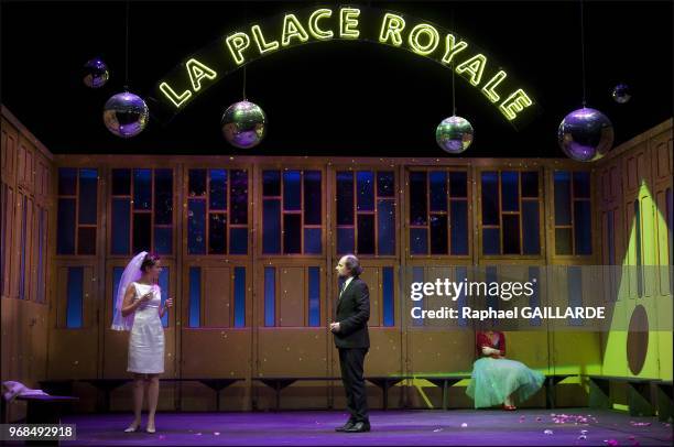 The Comedie Francaise performs "La Place Royale" of Pierre Corneille, directed by Anne-Laure Liegeois at "Le Vieux Colombier" theater on November 26,...