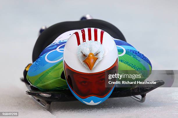 Katie Uhlaender of The United States in the women's skeleton on day 7 of the 2010 Vancouver Winter Olympics at The Whistler Sliding Centre on...