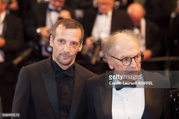 Mathieu Kassovitz and Jean-Louis Trintignant attend the 'Happy End' red carpet arrivals during the 70th annual Cannes Film Festival at Palais des...