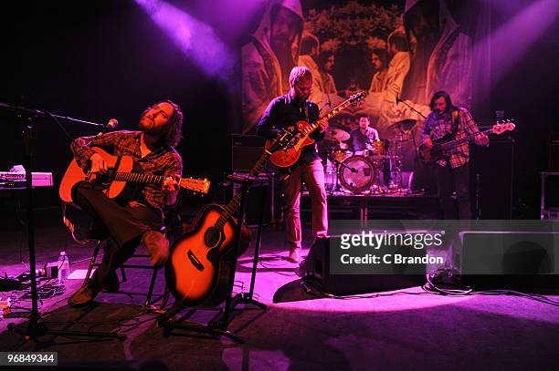 Tim Smith, Eric Nichelson, McKenzie Smith and Paul Alexander of Midlake perform on stage at Shepherds Bush Empire on February 18, 2010 in London,...