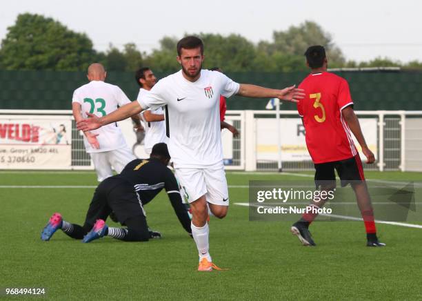 Ruslan Shoniya of Abkhazia celebrate his goal during Conifa Paddy Power World Football Cup 2018 Quarterfinal C for Places 9-16 match between Tamil...