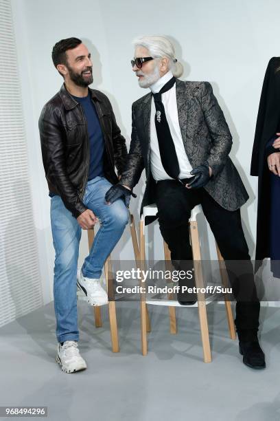 Nicolas Ghesquiere and Karl Lagerfeld attend the LVMH Prize 2018 Edition at Fondation Louis Vuitton on June 6, 2018 in Paris, France.