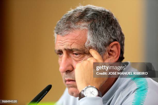 Portugal's coach Fernando Santos attends a press conference at Luz stadium in Lisbon during the Portugal national football team's training camp in...