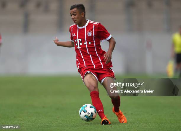 Oliver Batista Meier of FC Bayern Muenchen U17 kicks the ball during the B Juniors German championship semi final leg one match on June 6, 2018 in...