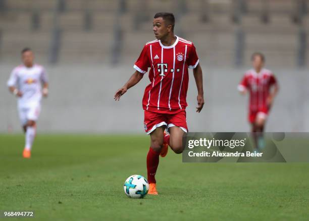 Oliver Batista Meier of FC Bayern Muenchen U17 kicks the ball during the B Juniors German championship semi final leg one match on June 6, 2018 in...