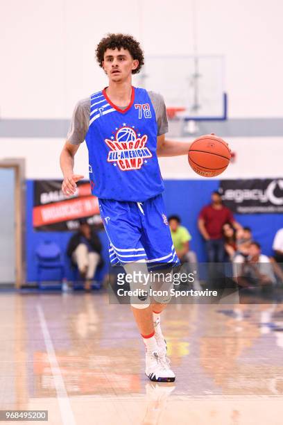 Ismael Massoud from The MacDuffie School dribbles up the court during the Pangos All-American Camp on June 3, 2018 at Cerritos College in Norwalk, CA.