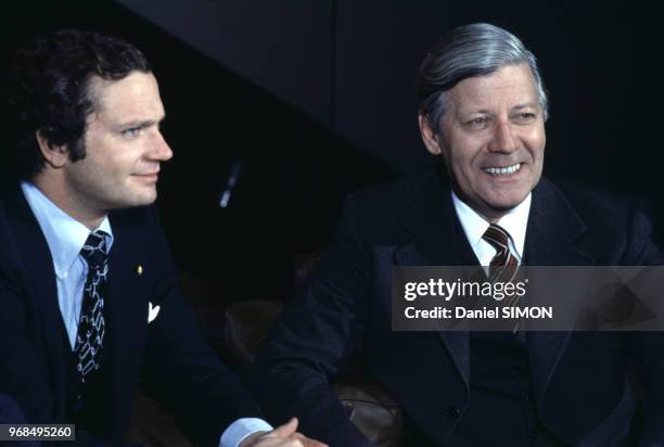 Le roi Carl-Gustav de Suède et le chancelier allemand Helmut Schmidt, 21 mars 1979, Bonn, RFA.