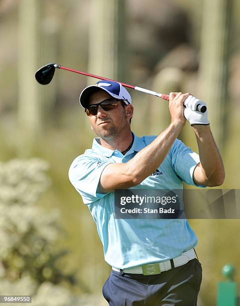 Sergio Garcia of Spain hits a drive during the second round of the World Golf Championships-Accenture Match Play Championship at The Ritz-Carlton...
