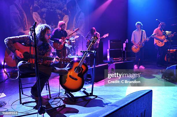 Tim Smith, Eric Nichelson, Paul Alexander, Unidentified and Eric Pulido of Midlake perform on stage at Shepherds Bush Empire on February 18, 2010 in...