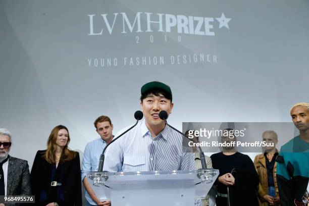 SClare Waight Keller, J.W. Anderson, Special Prize Rok Hwang, stylist Marc Jacobs, stylist Maria Grazia Chiuri and actor Jaden Smith attend the LVMH...