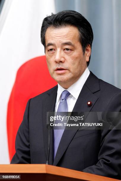 Newly appointed Deputy Prime Minister Katsuya Okada speaks during a press conference at the prime minister's official residence in Tokyo, Japan on...