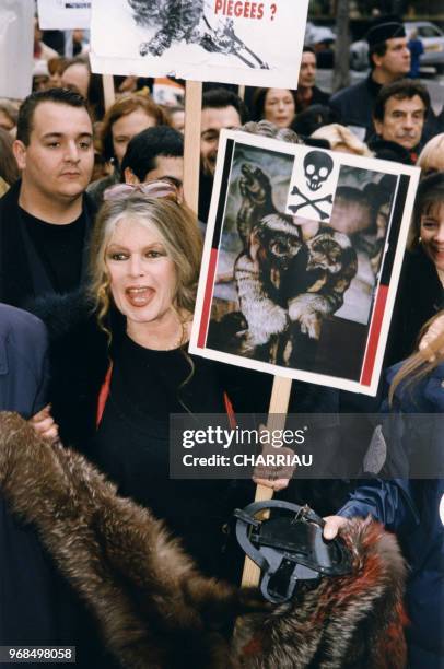 Brigitte Bardot manifeste contre le retour sur le marché de la fourrure, Paris le 20 décembre 1997, France.