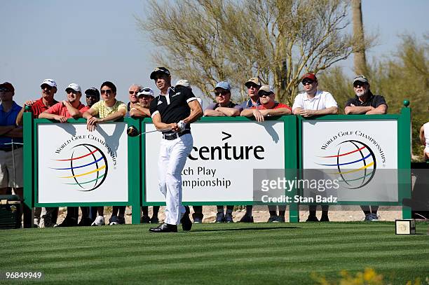 Camilo Villegas of Colombia hits from the sventh tee box during the second round of the World Golf Championships-Accenture Match Play Championship at...
