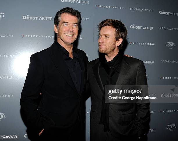 Actors Pierce Brosnan and Ewan McGregor attend the Cinema Society & Screevision screening of "The Ghost Writer" at the Crosby Street Hotel on...