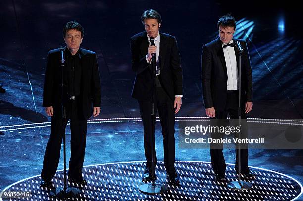 Pupo, Emanuele Filiberto and Luca Canonici attend the 60th Sanremo Song Festival at the Ariston Theatre On February 18, 2010 in San Remo, Italy.