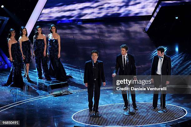 Pupo, Emanuele Filiberto and Luca Canonici attend the 60th Sanremo Song Festival at the Ariston Theatre On February 18, 2010 in San Remo, Italy.