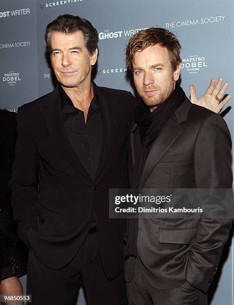 Actors Pierce Brosnan and Ewan McGregor attend the Cinema Society & Screevision screening of "The Ghost Writer" at the Crosby Street Hotel on...