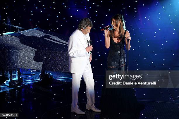 Toto Cutugno and Belen Rodriguez attends the 60th Sanremo Song Festival at the Ariston Theatre On February 18, 2010 in San Remo, Italy.