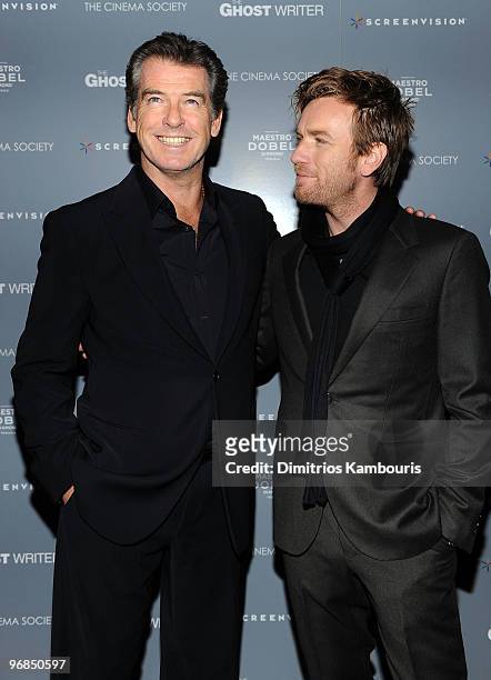 Actors Pierce Brosnan and Ewan McGregor attend the Cinema Society & Screevision screening of "The Ghost Writer" at the Crosby Street Hotel on...